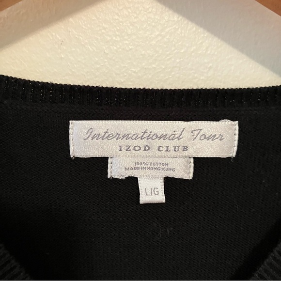 VTG Women’s Izod Black Fair Isle Floral  Vneck Sweater 100% Cotton Sz. L Cottage - Picture 2 of 5